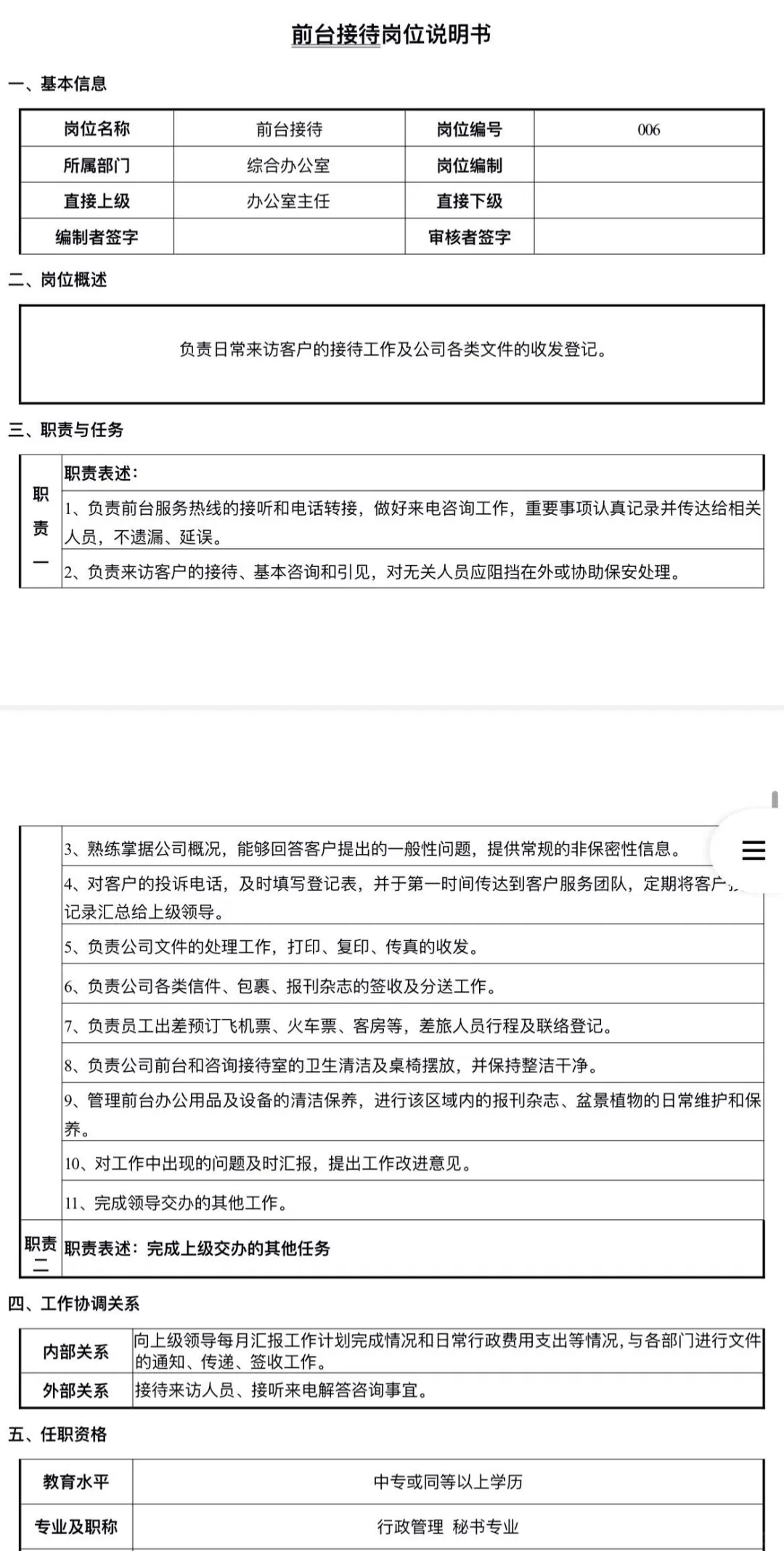 行政综合办公室各岗位职责（岗位完整系列）