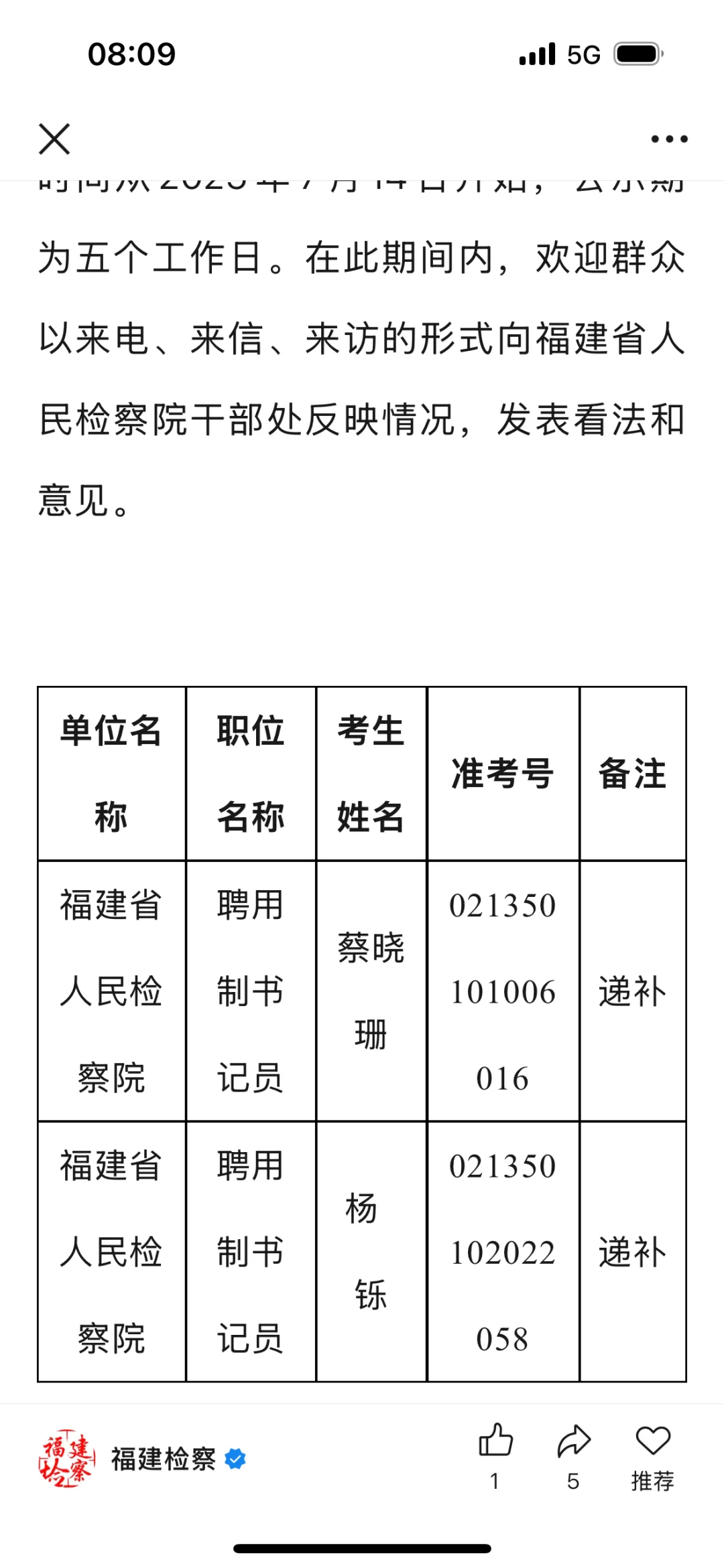 福建省检察院聘用书记员递补（省院）