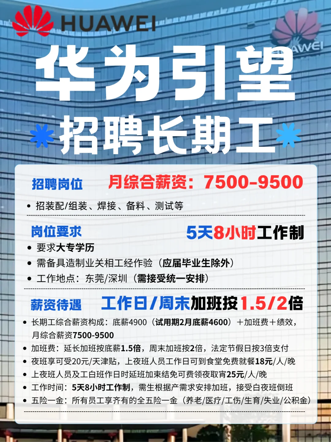 🚨薪资：7500-9500华为引望急招长期工