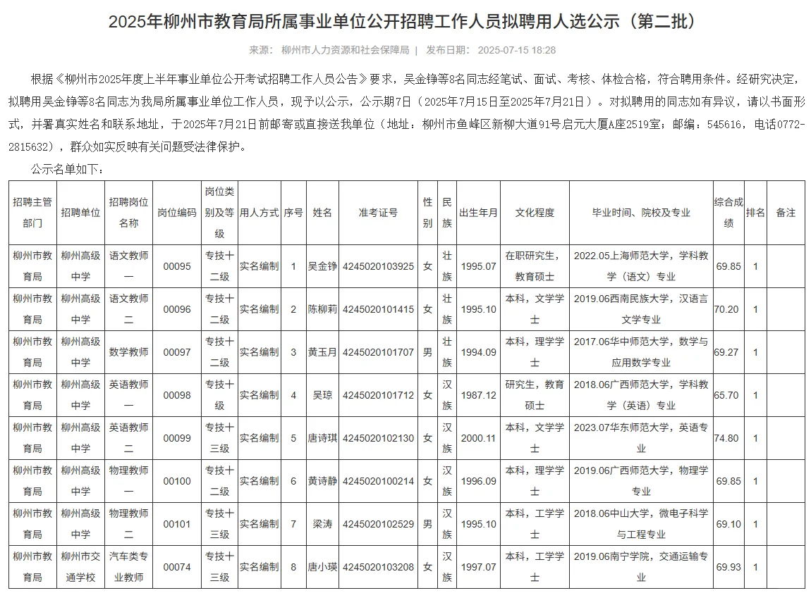 柳州教育局、柳江中学持续拟聘用公示
