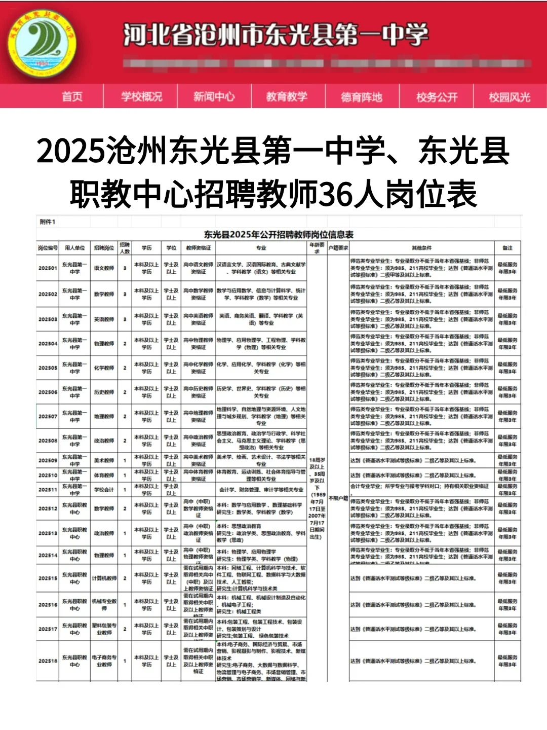 不限户籍🎉2025年沧州东光教师招36人公告