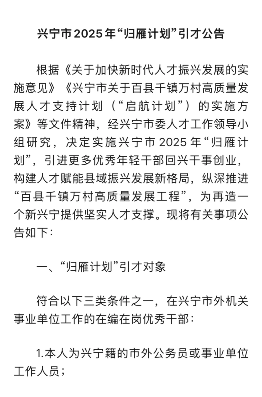 兴宁市2025年“归雁计划”引才公告