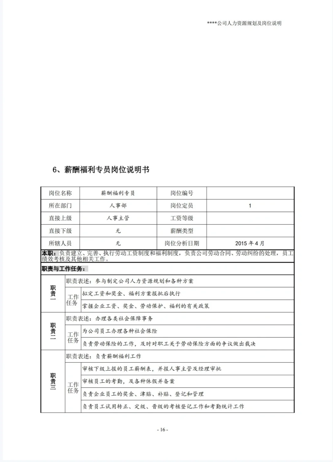 （完整）公司人力资源规划及岗位说明书.doc