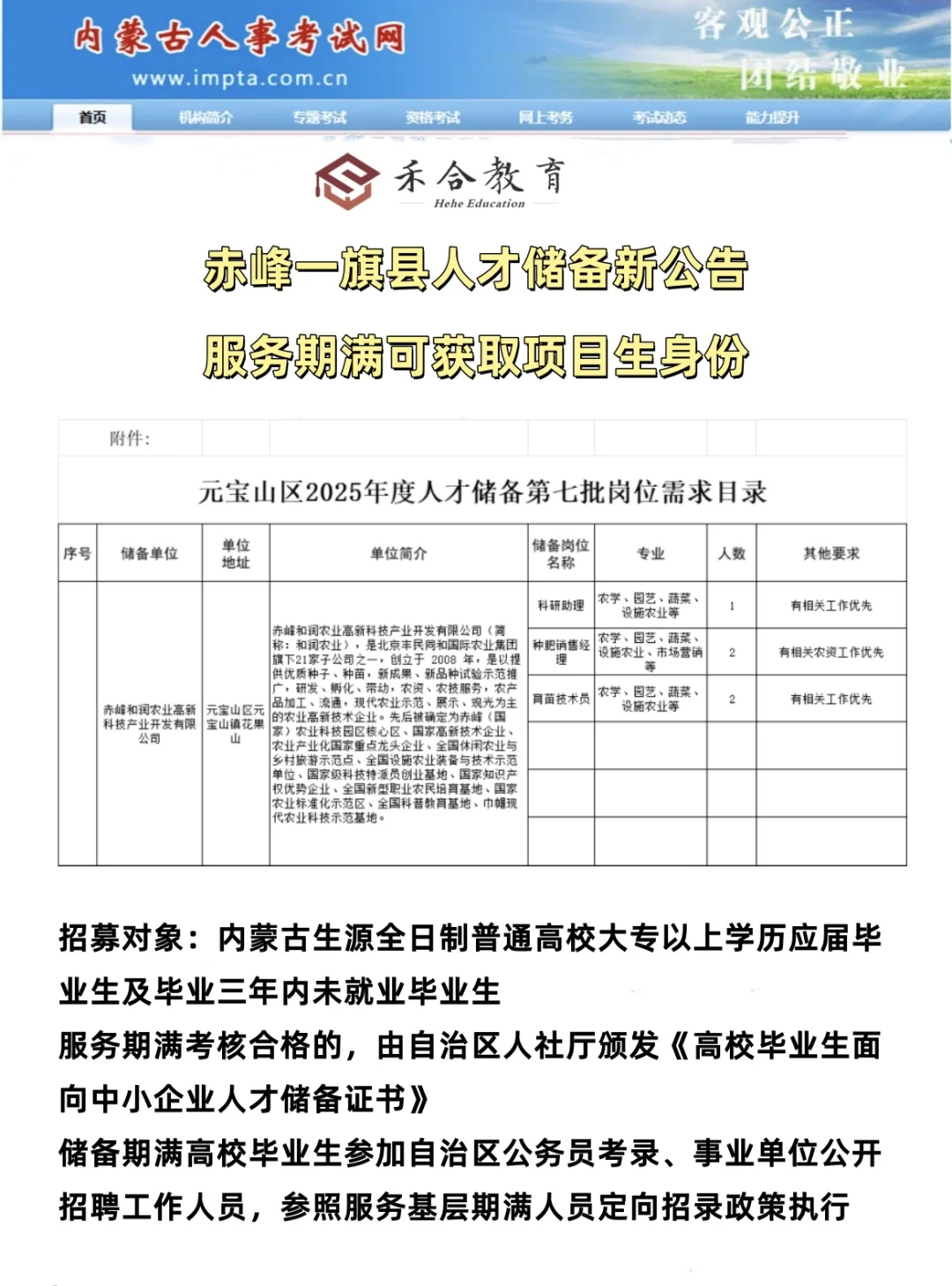 赤峰人才储备公告、服务期满获取项目生身份