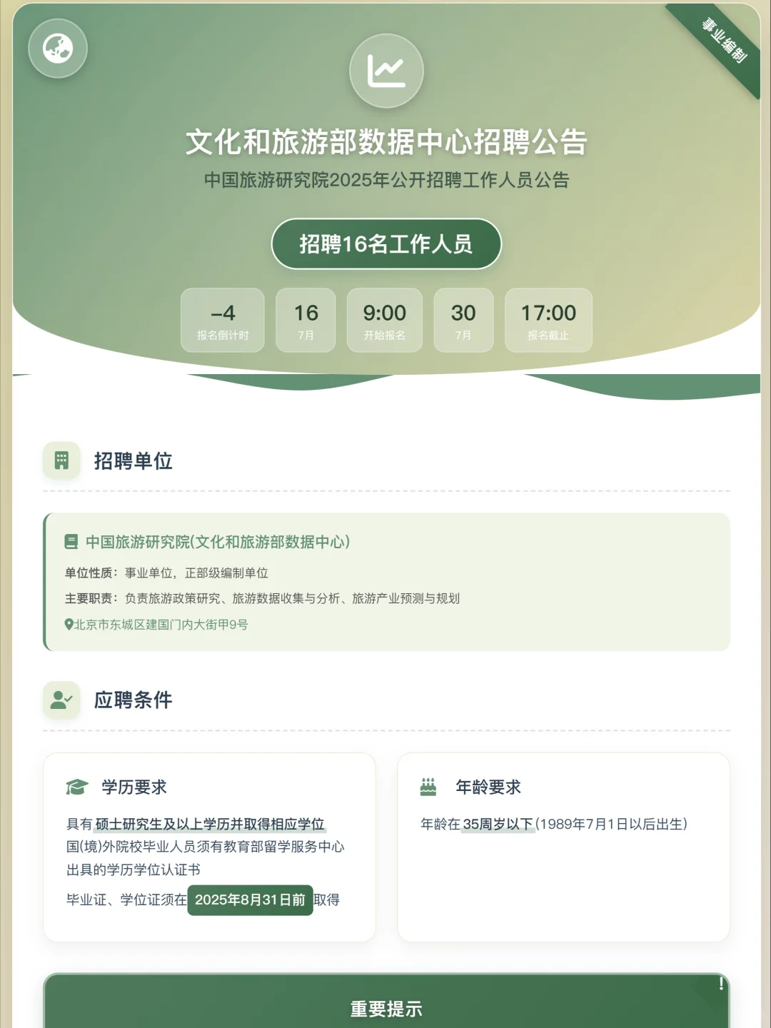 文化和旅游部数据中心招聘16人，落实编制！