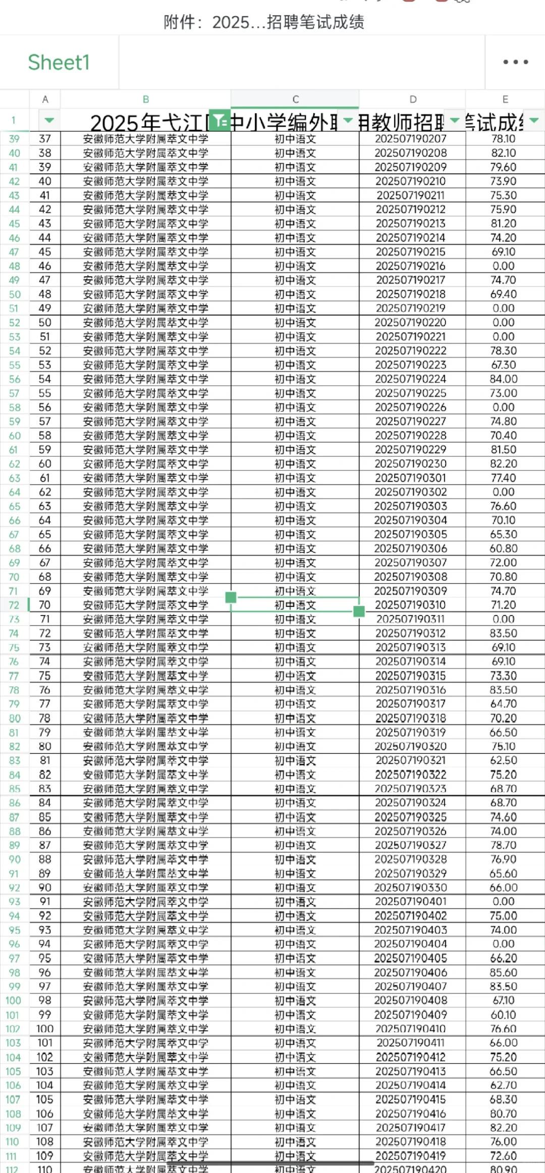 弋江区区聘成绩