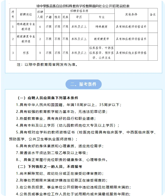 琼中县赴海师设点招聘教师
