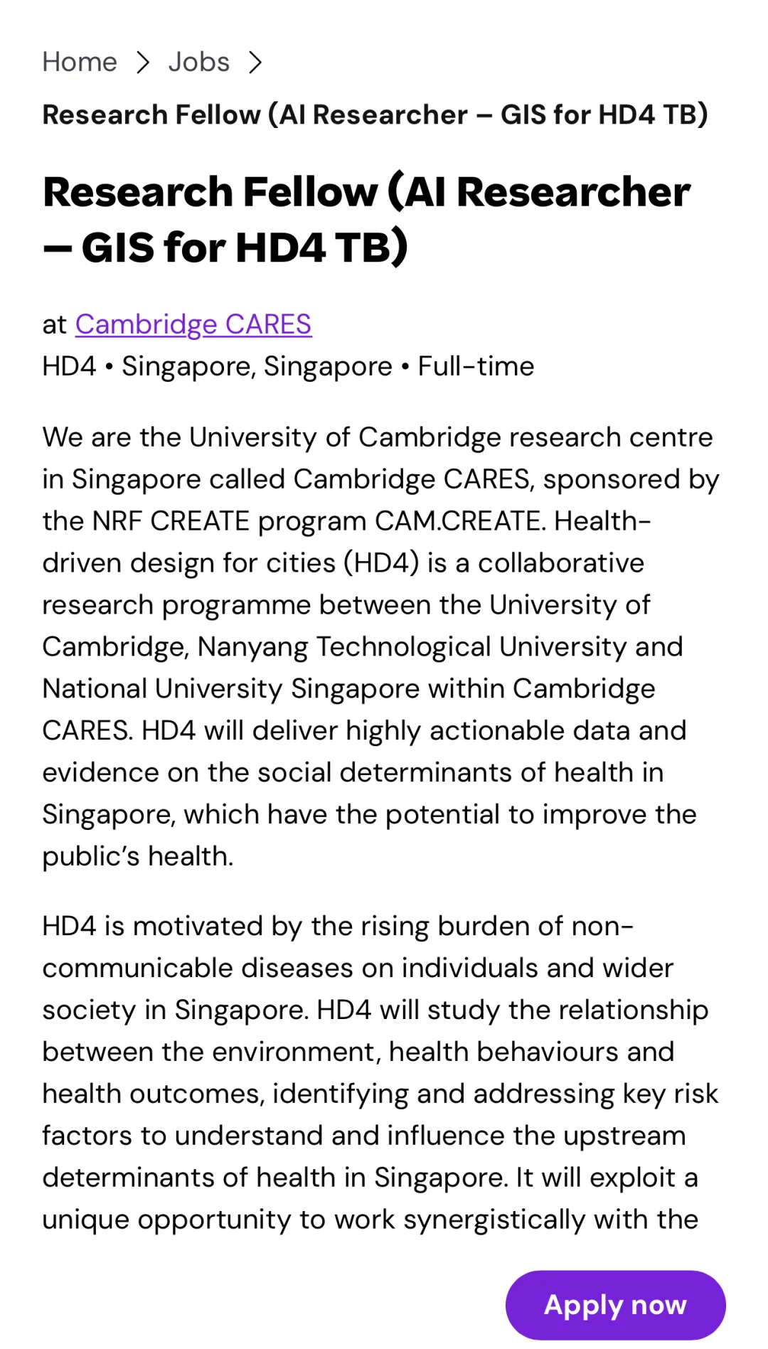 剑桥 CARES（新加坡）招聘 AI + GIS 方向博后