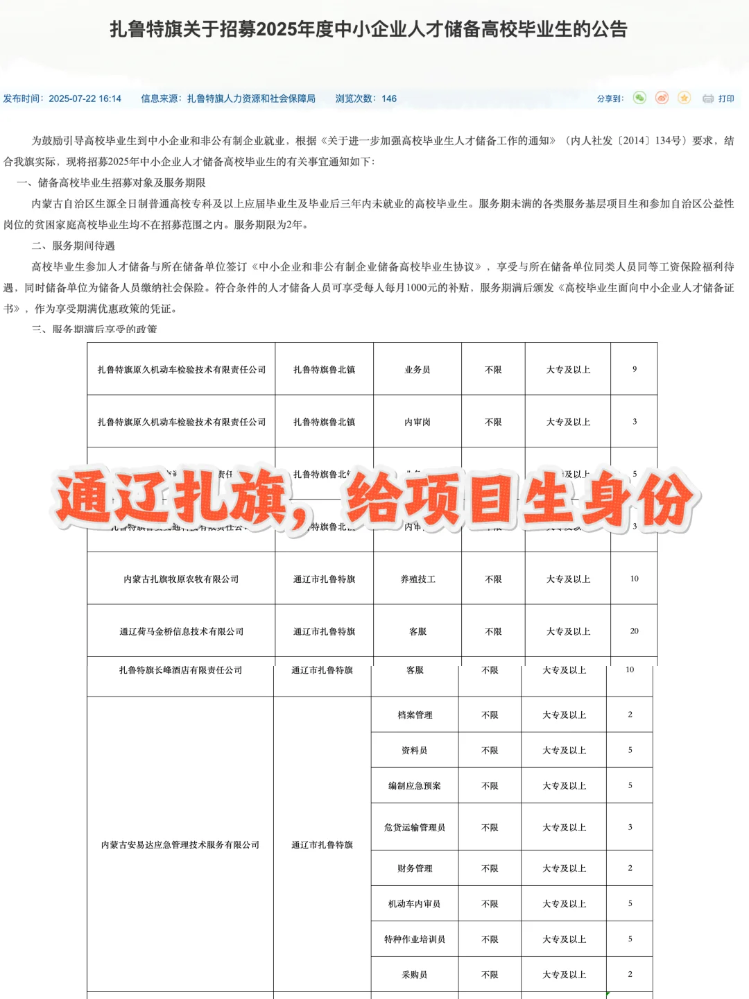 通辽中小企业储备计划：扎旗 92人