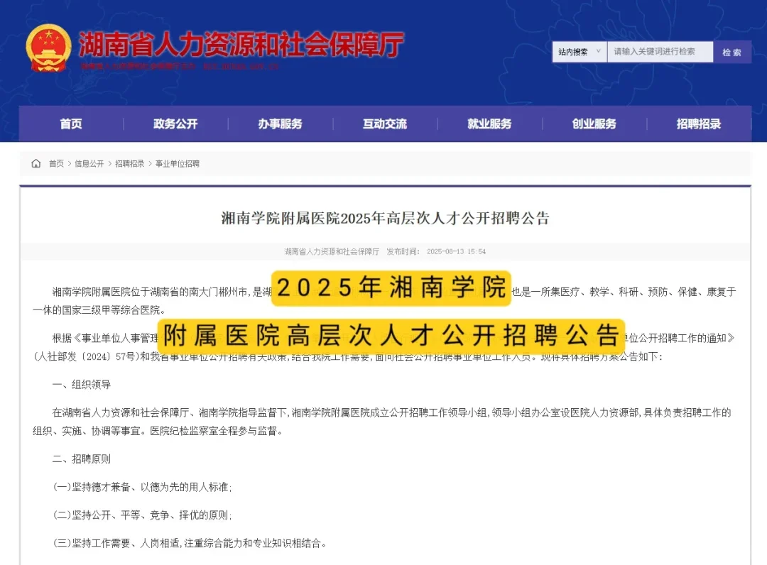 湘南学院附属医院 2025 高层次人才招聘公告