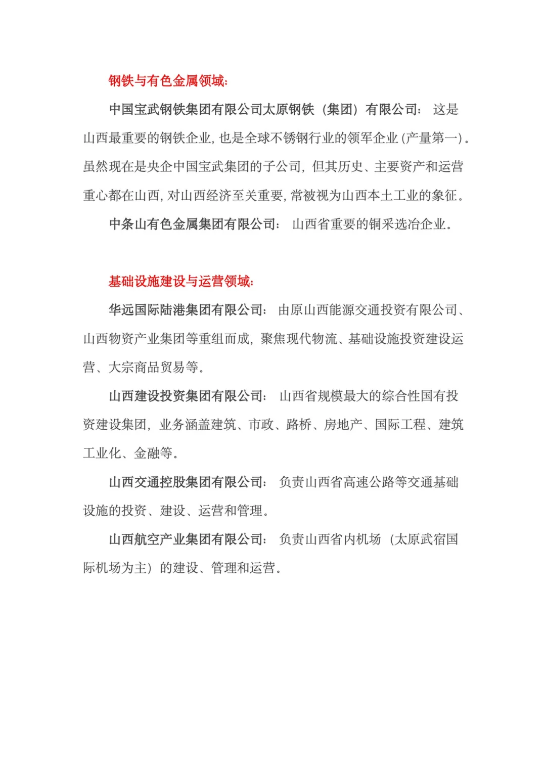 山西省国央企一览
