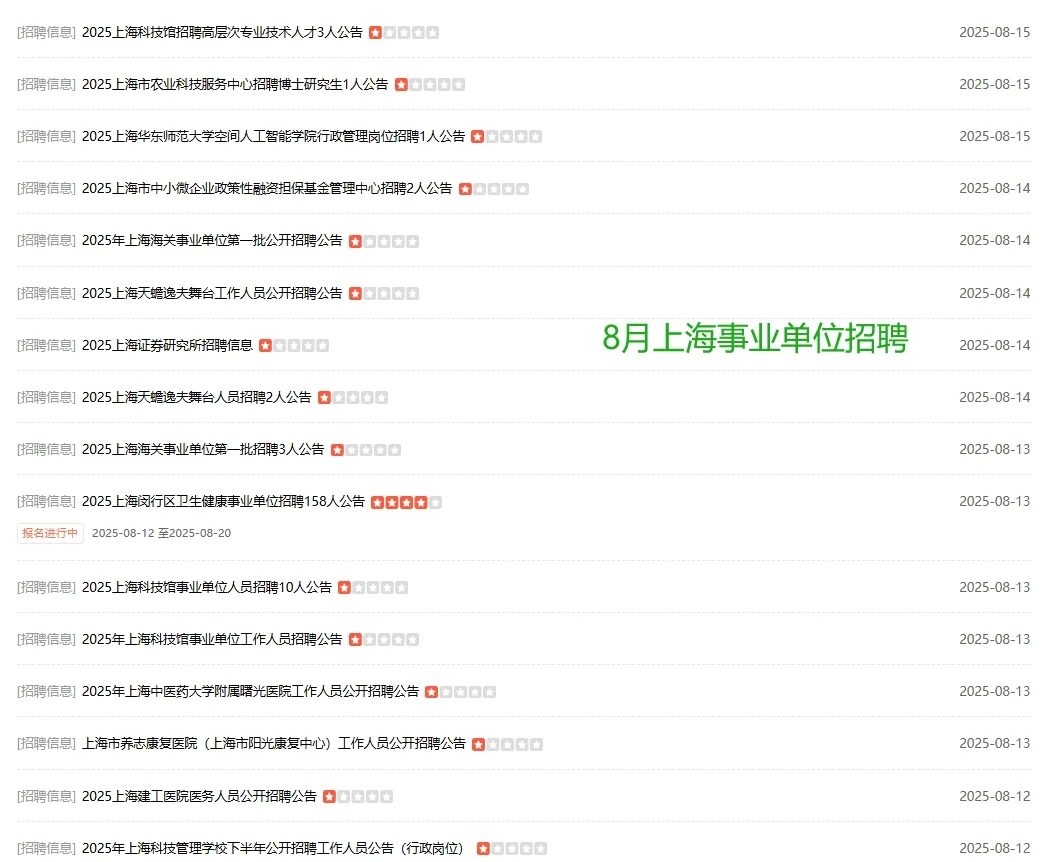 招聘！上海8月国企央企/事业单位岗位汇总