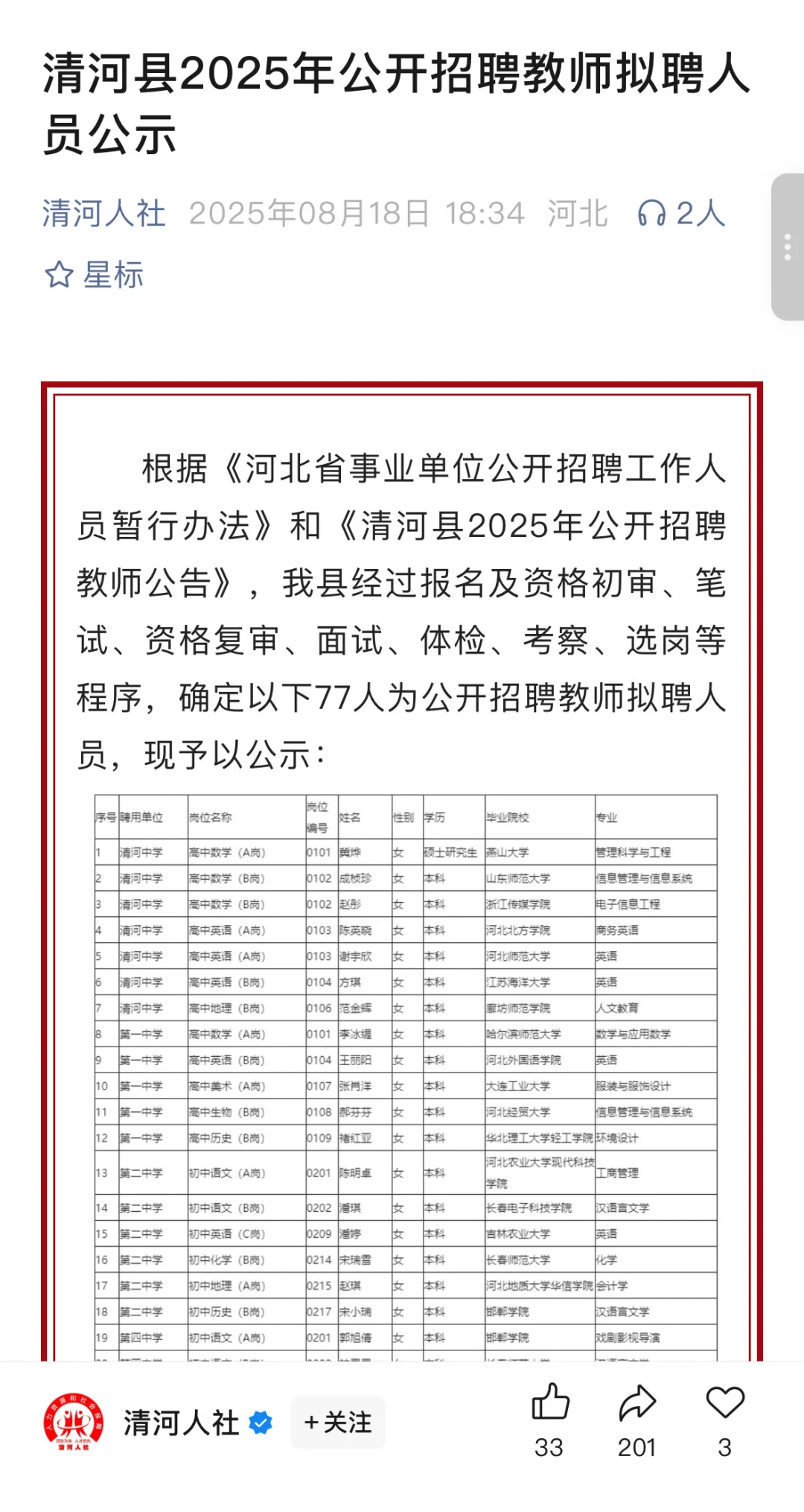 清河县2025年公开招聘教师拟聘人员公示