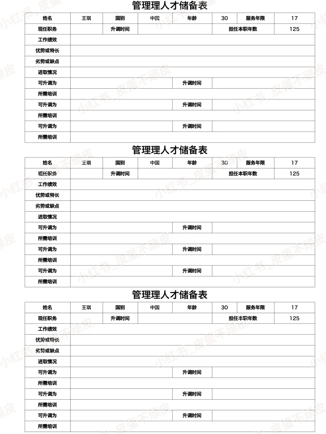 公司管理人才储备表 Excel表格