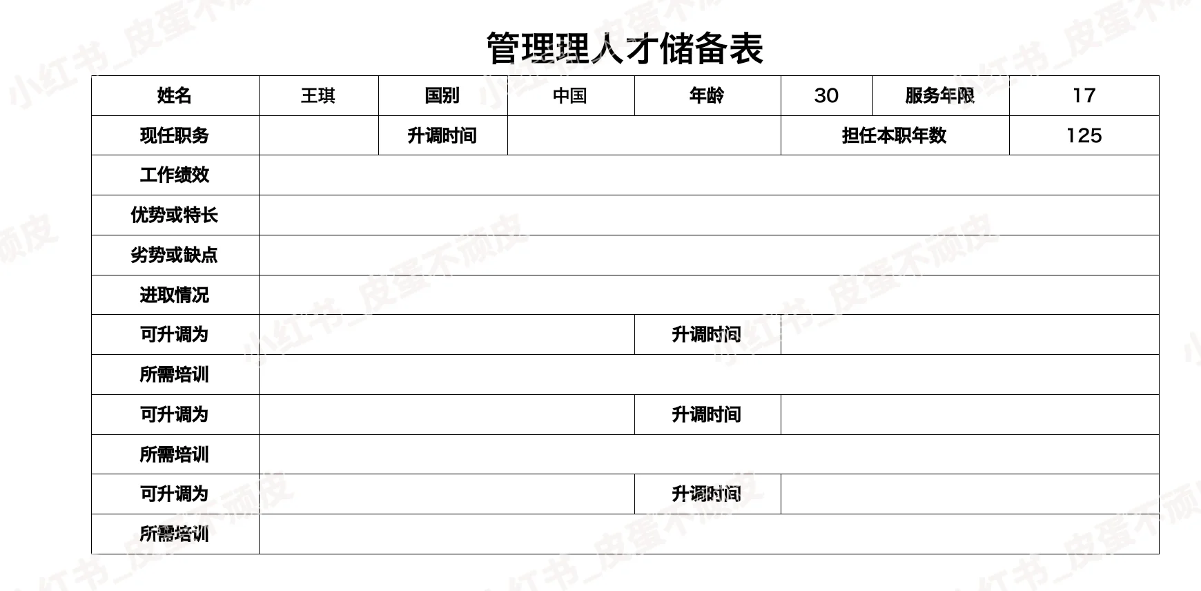 公司管理人才储备表 Excel表格