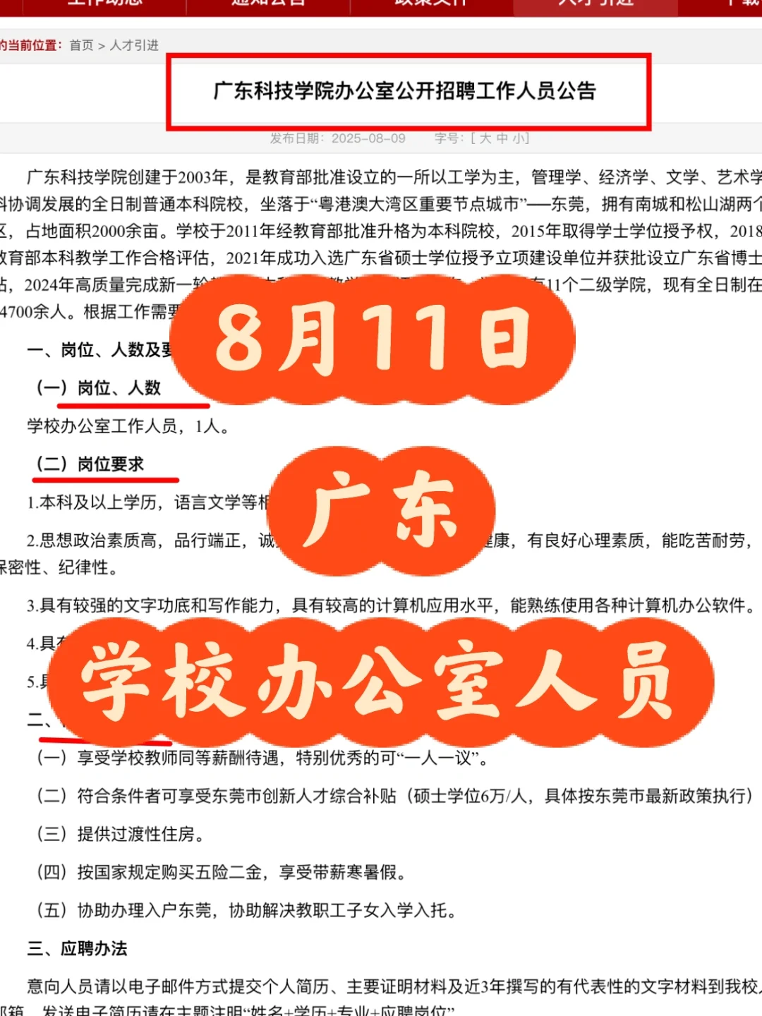 广东科技学院办公室公开招聘工作人员