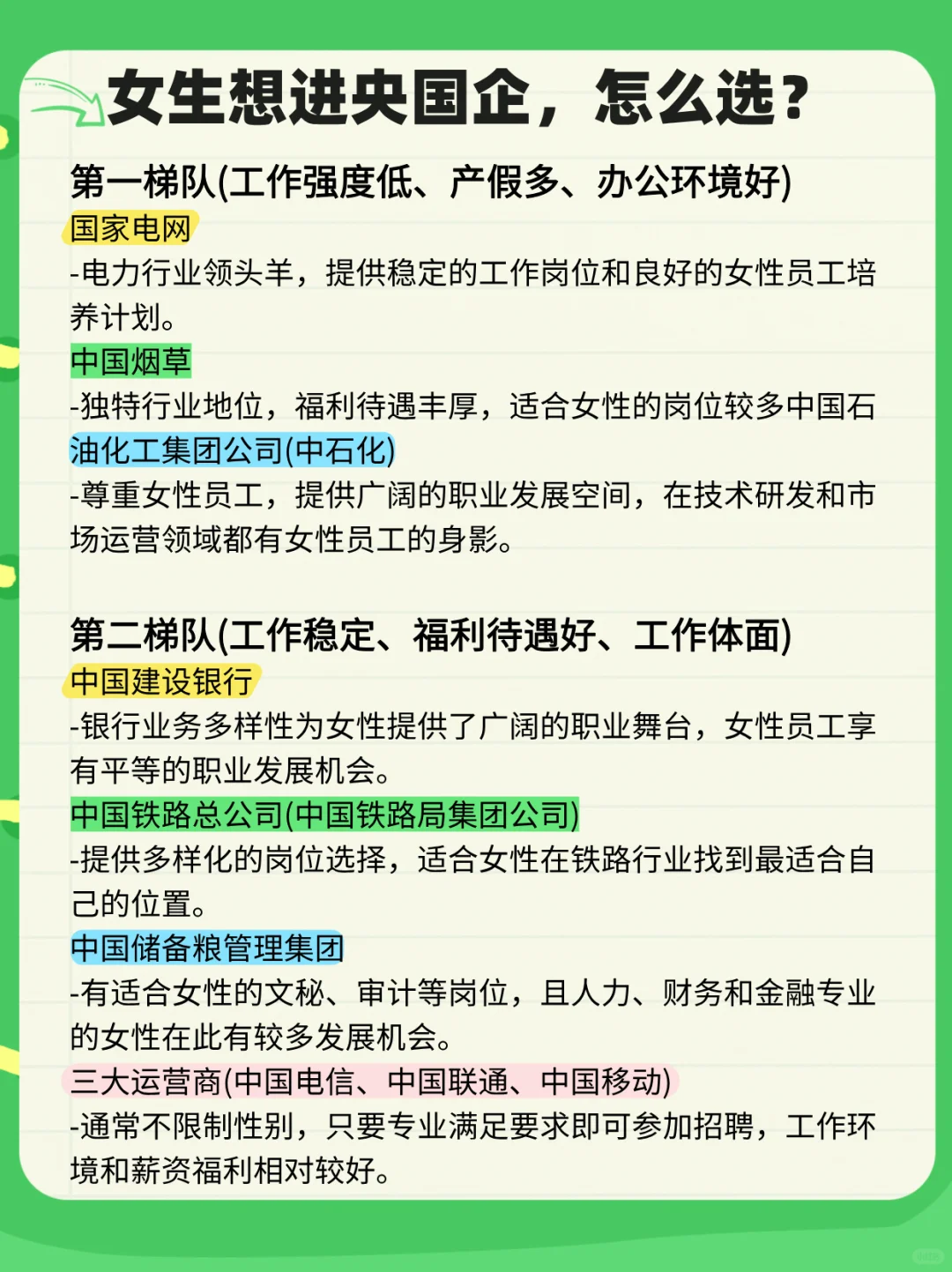 女生友好的央国企大盘点，秋招别错过！