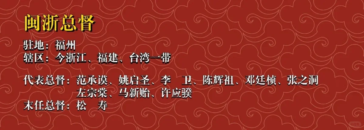 清闽浙总督驻福州辖福建浙江台湾，左宗棠任