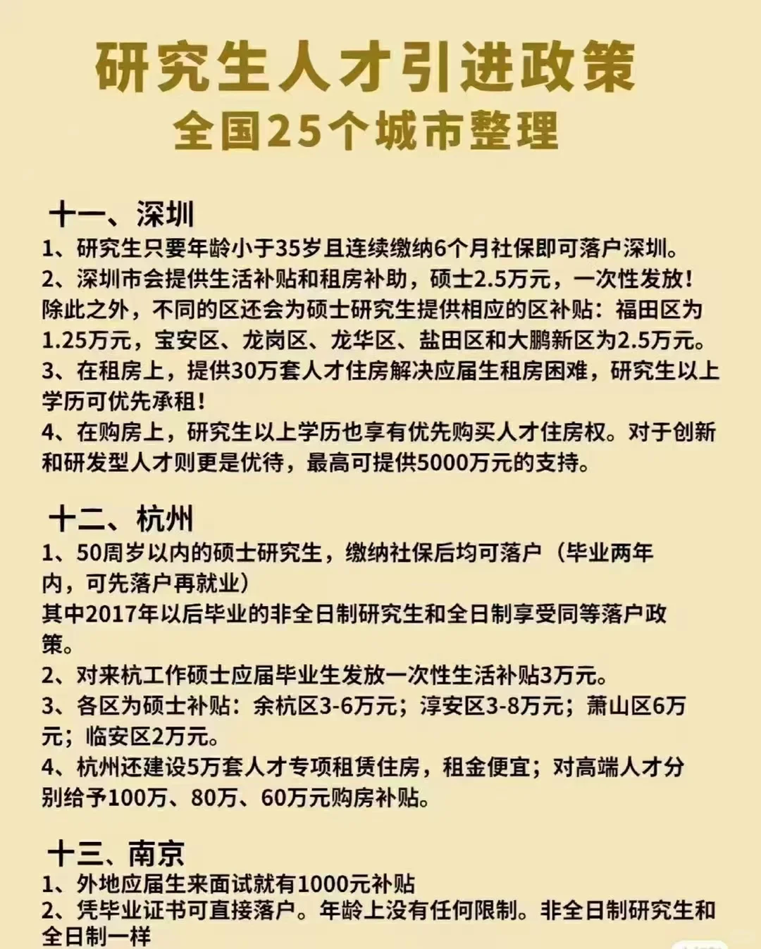 25个城市的研究生人才引进计划～真香