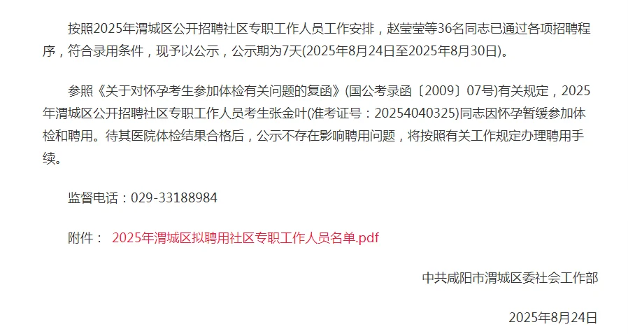 2025年咸阳渭城区社区专职工作人员拟聘公示