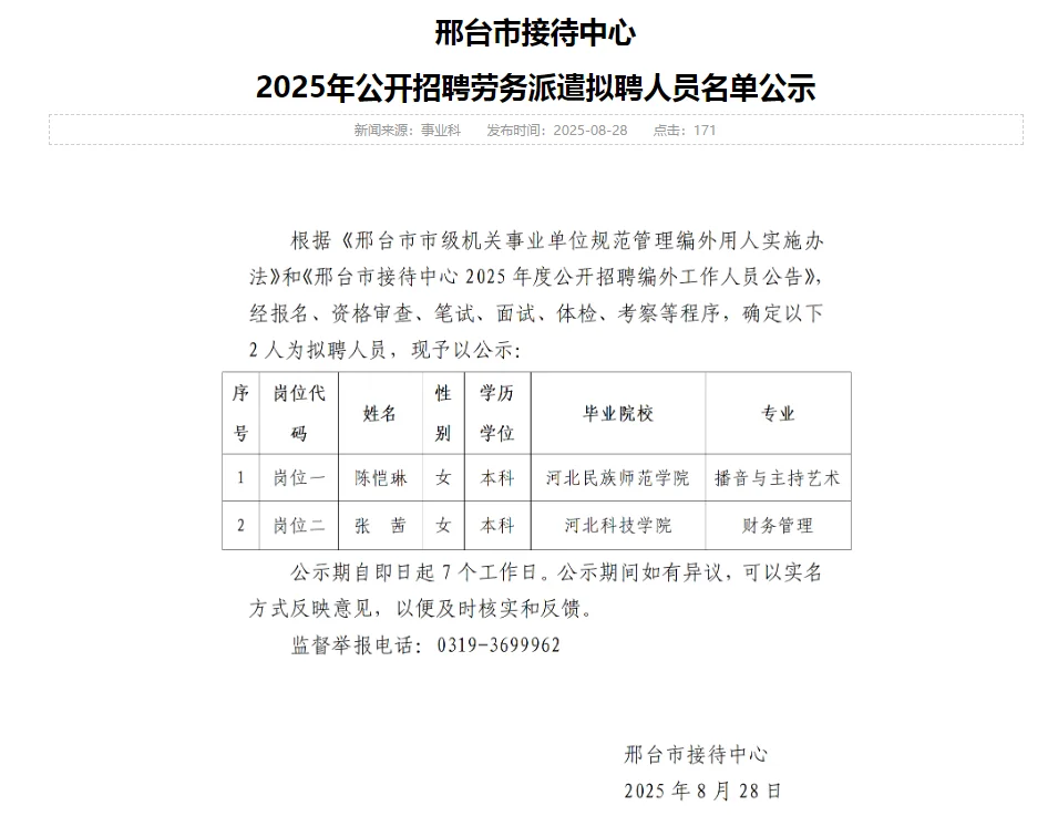 2025年公开招聘劳务派遣拟聘人员名单公示