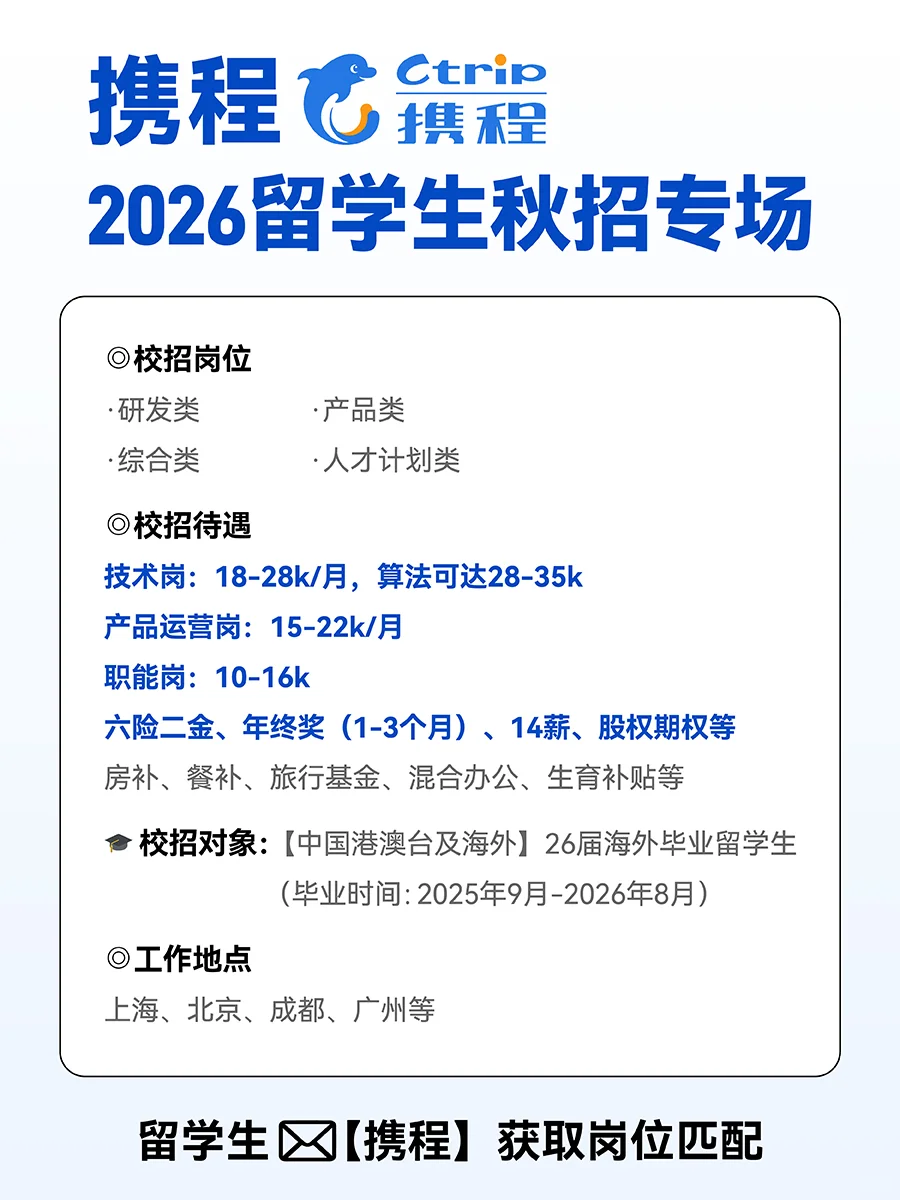 留学生携程秋招专场开启！旅游大厂待遇超赞