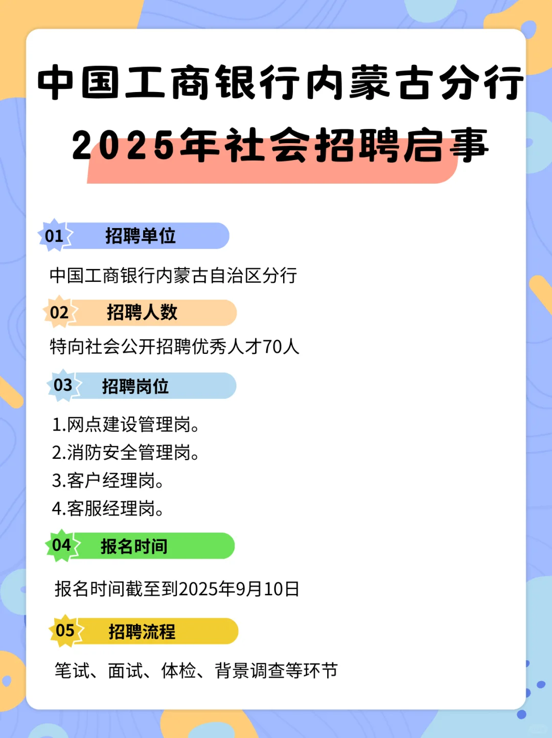 2025年中国工商银行内蒙各地人才招聘70人