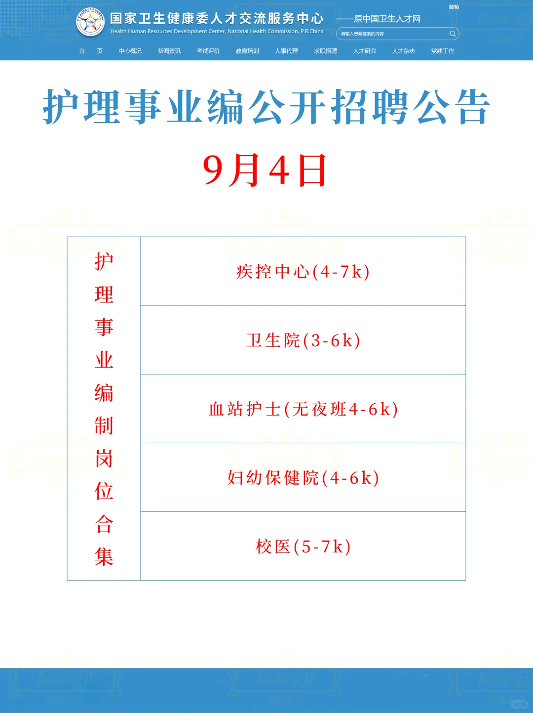 9月4日护理编制岗位招聘（血站 卫生院 校医