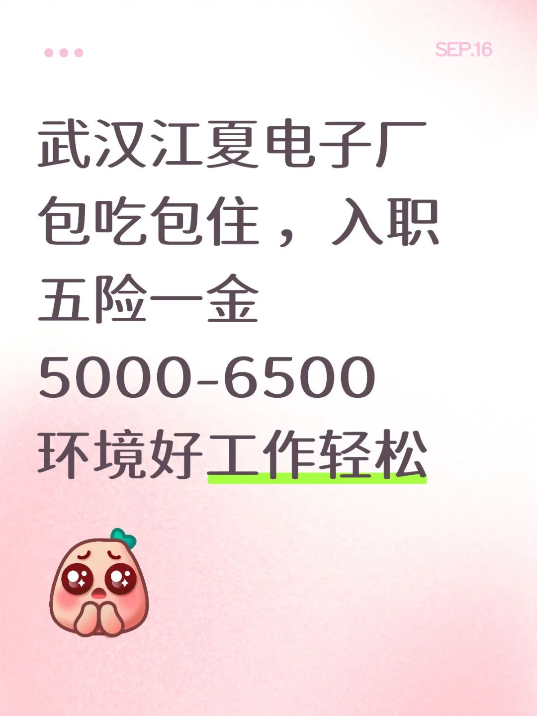 武汉江夏轻松电子厂，环境好五险一金