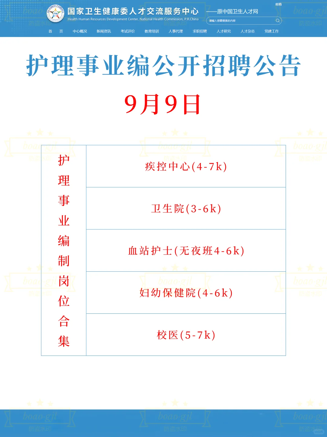 9月9日护理编制岗位招聘（血站 卫生院 校医