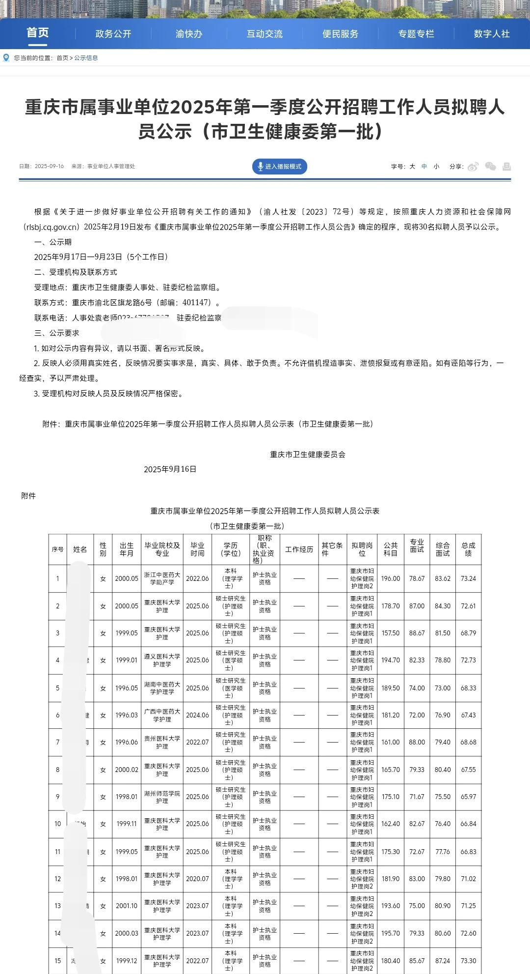 重庆市卫健委25年一季度公招拟聘公示