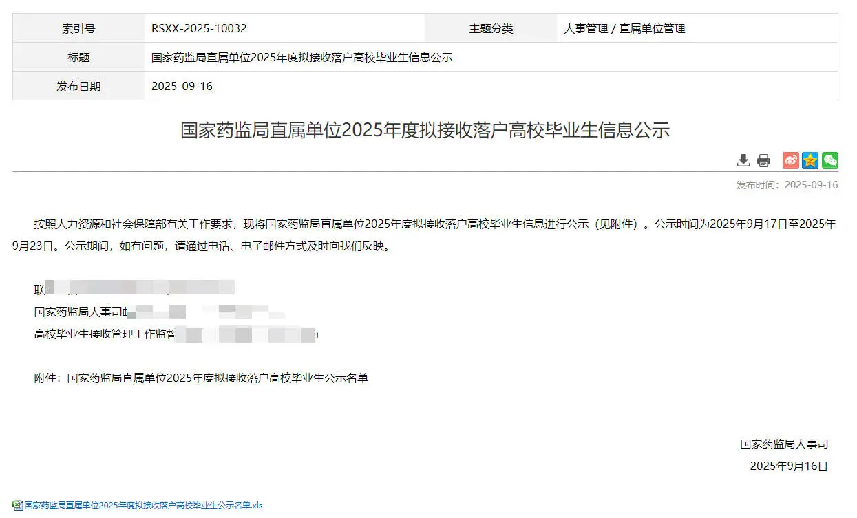 国家药监局拟接收毕业生公示22人 恭喜落户