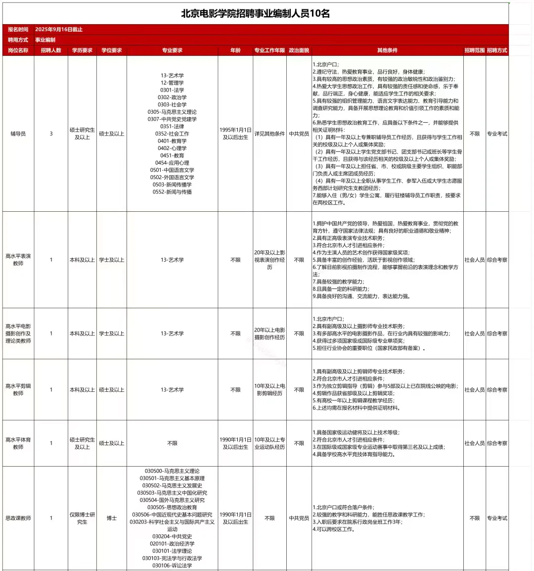 北京电影学院又又又招聘,带编辅导员年15w