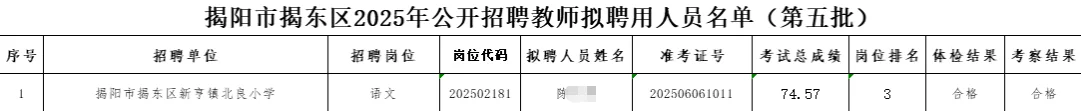 揭东教师第五批公示名单