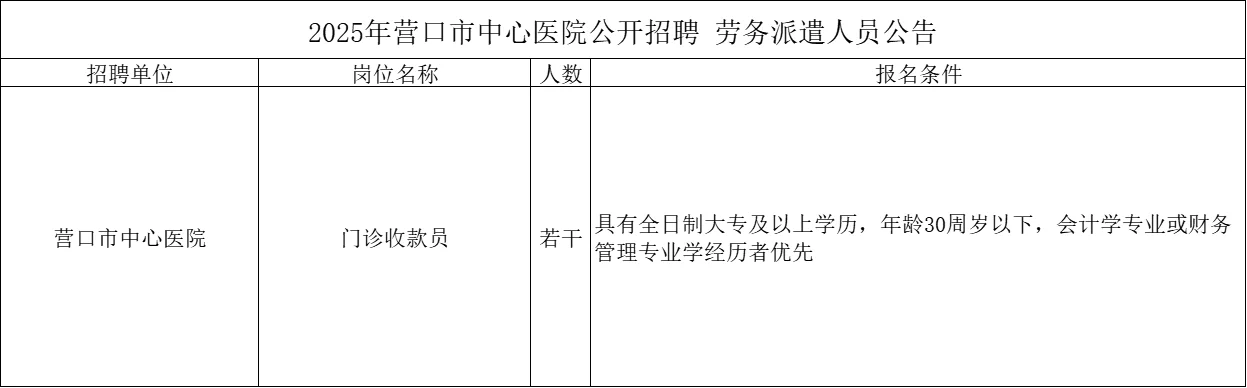 大专即可！营口市中心医院收款员招聘若干人