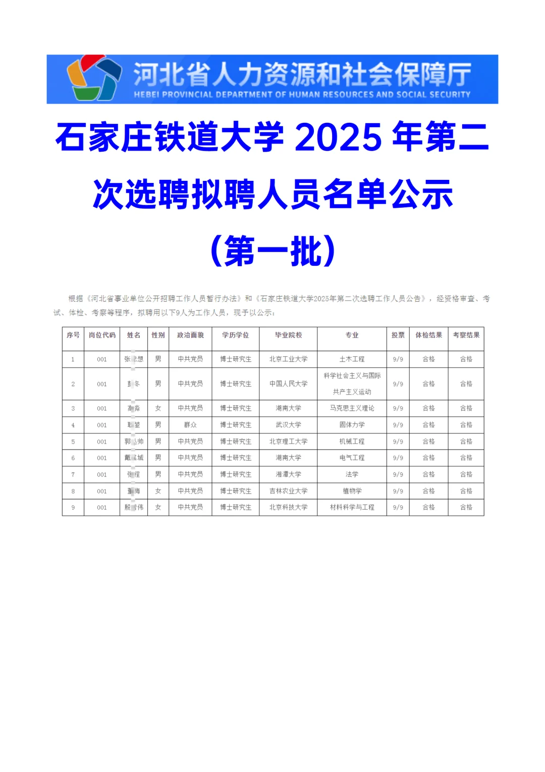 石家庄铁道大学2025二次选聘拟聘（第一批）
