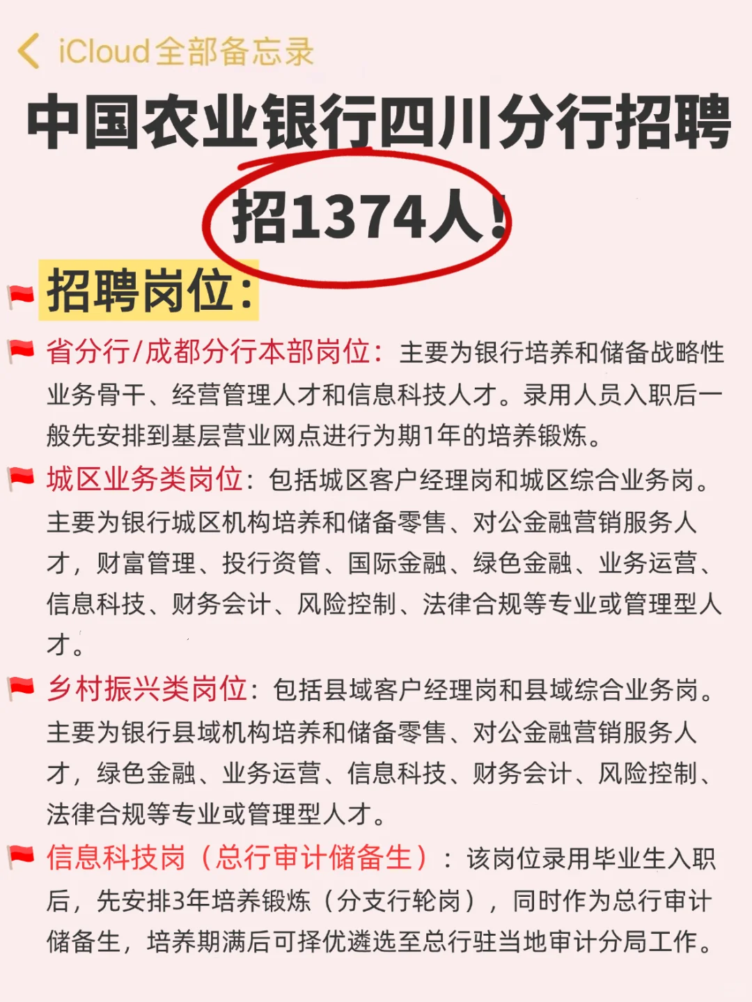 中国农业银行四川分行招聘1374人！