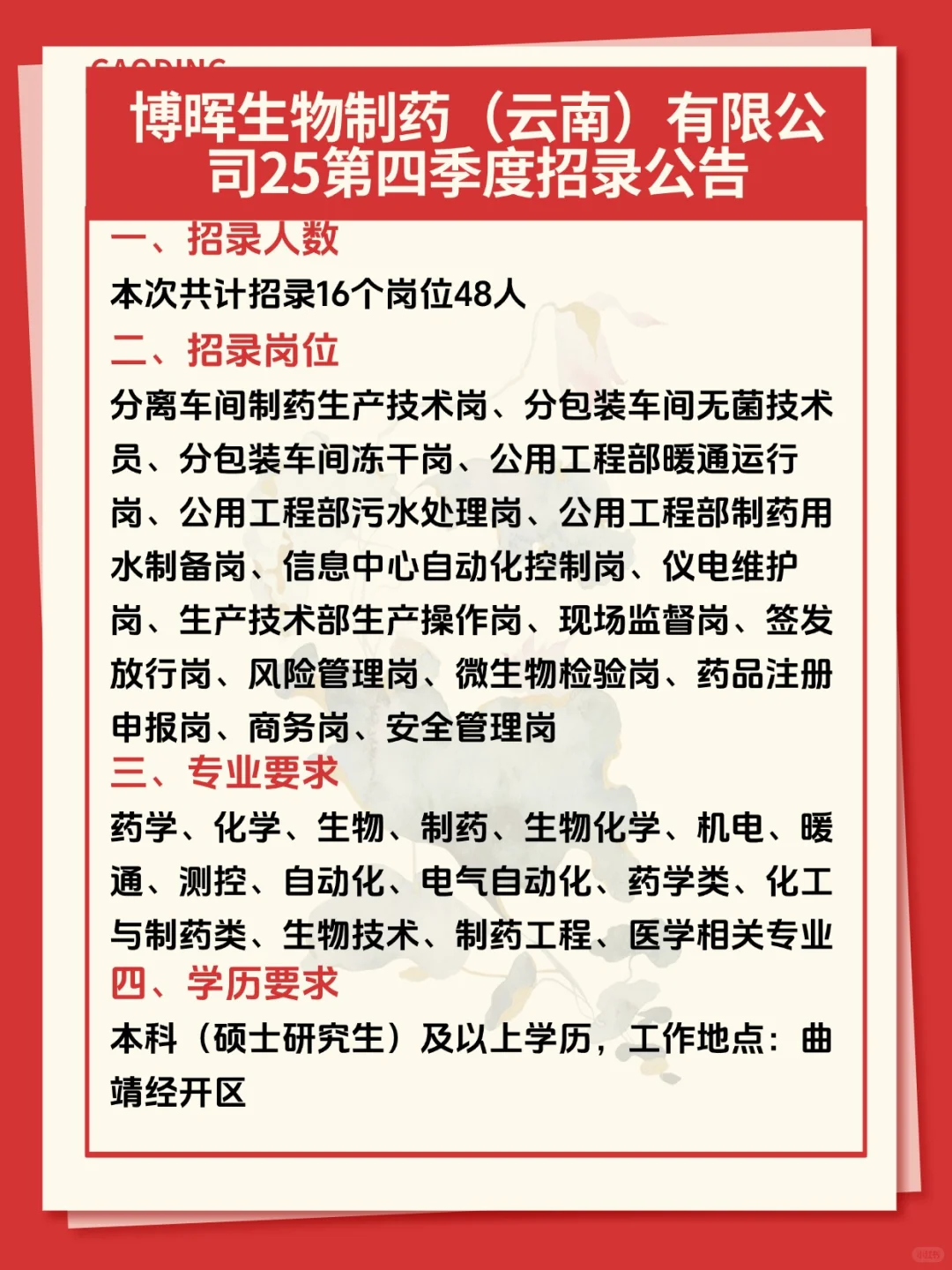 博晖生物制药有限公司25第四季度招录公告
