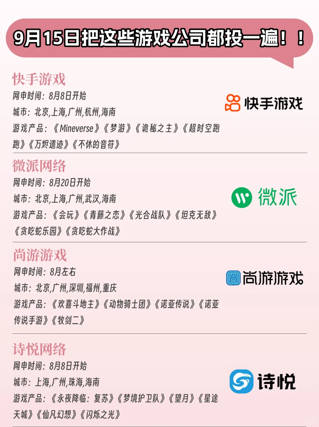 码住！！游戏大厂秋招时间来啦！！