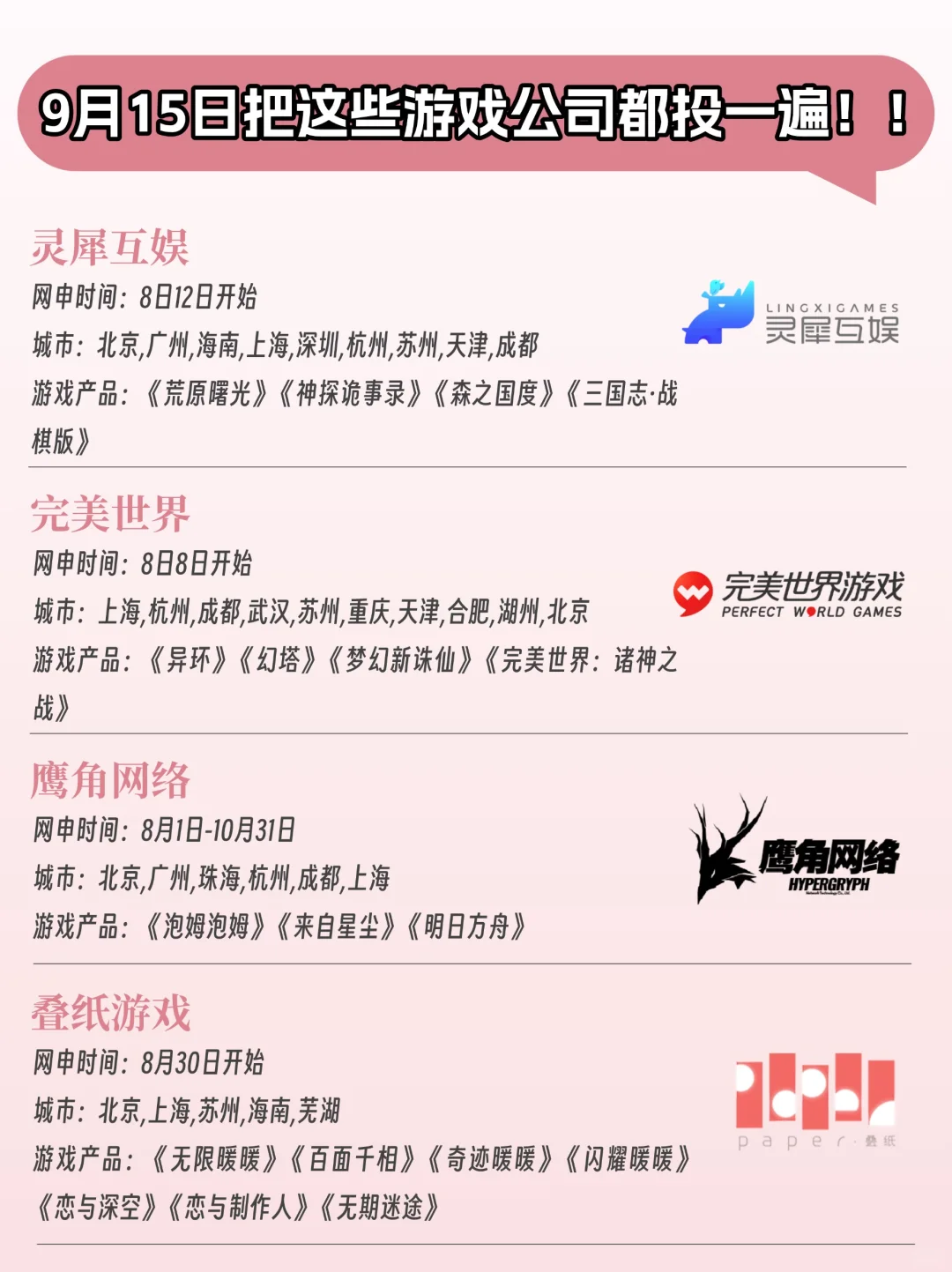 码住！！游戏大厂秋招时间来啦！！