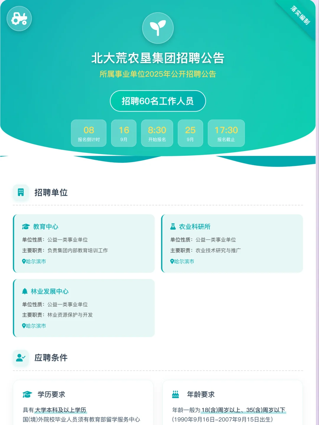 北大荒农垦集团招聘60名工作人员
