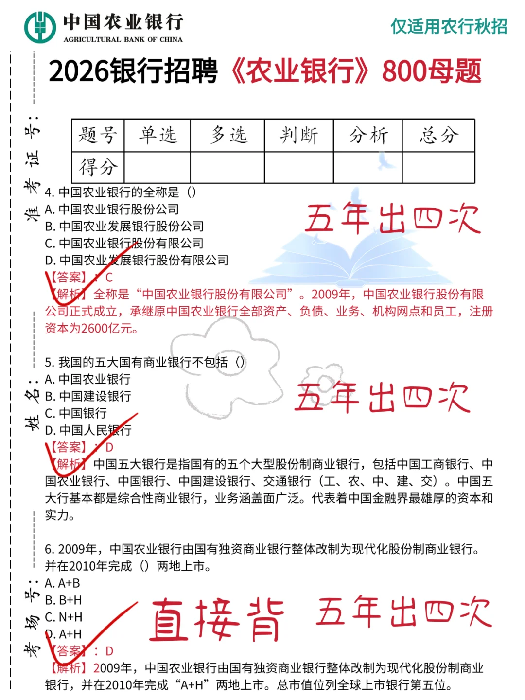 瞬间不急农行，就考这800题，7天背完保底80