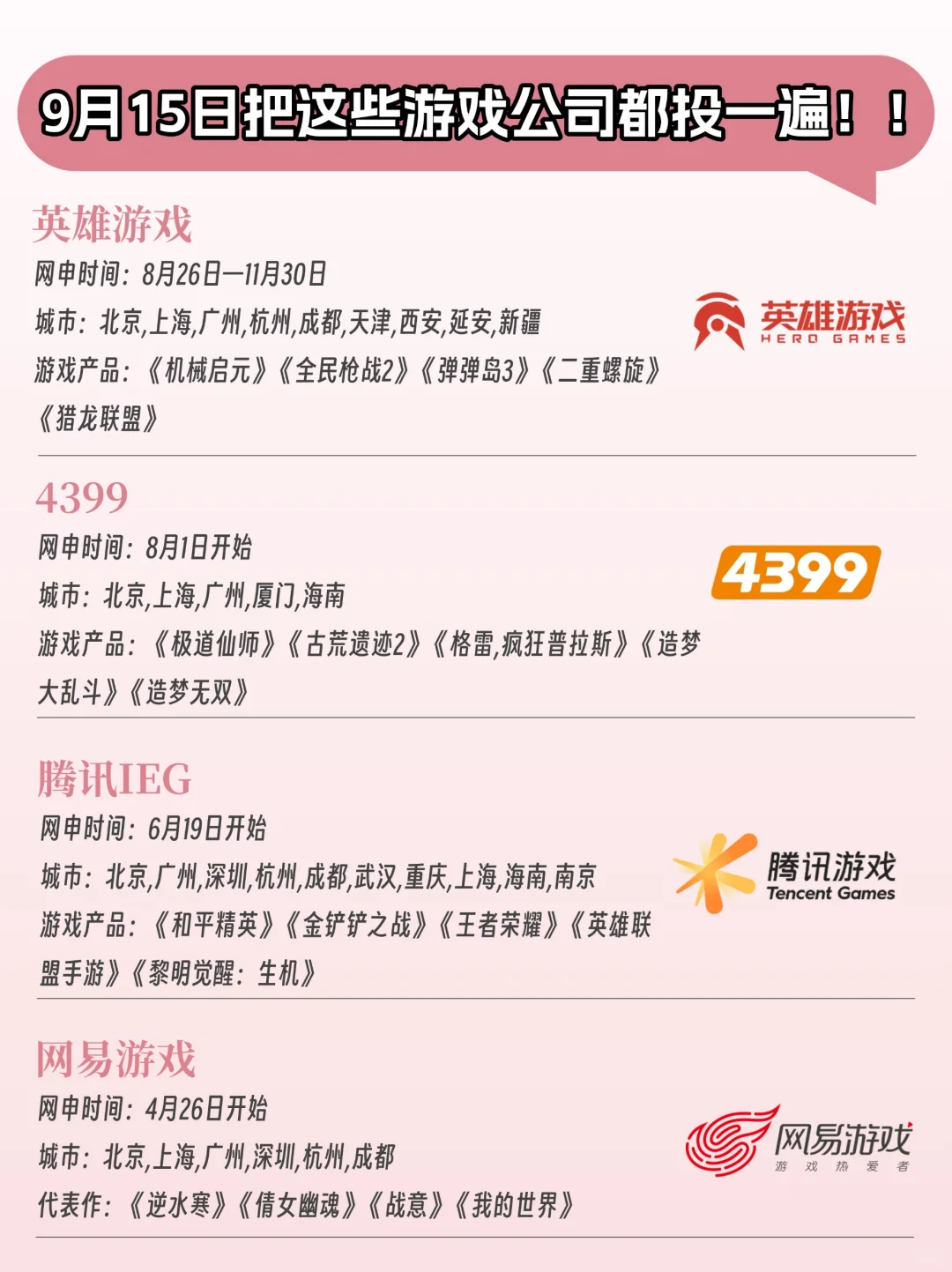 码住！！游戏大厂秋招时间来啦！！