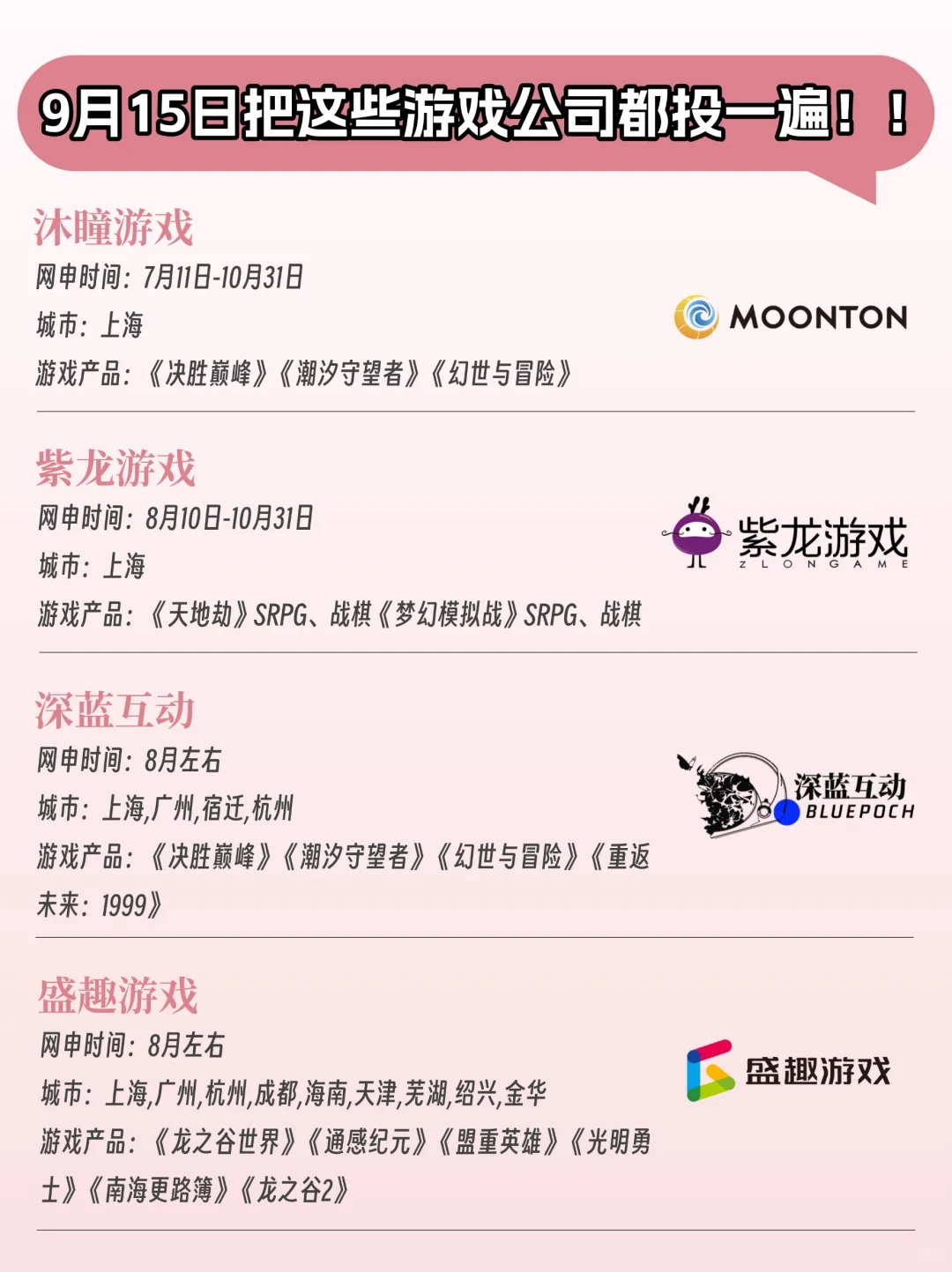码住！！游戏大厂秋招时间来啦！！