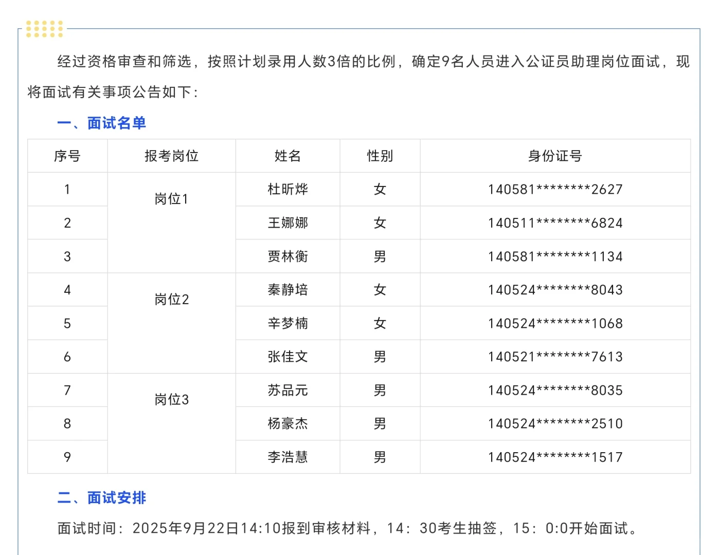 山西省高平市公证处公开招聘公证员助理面试