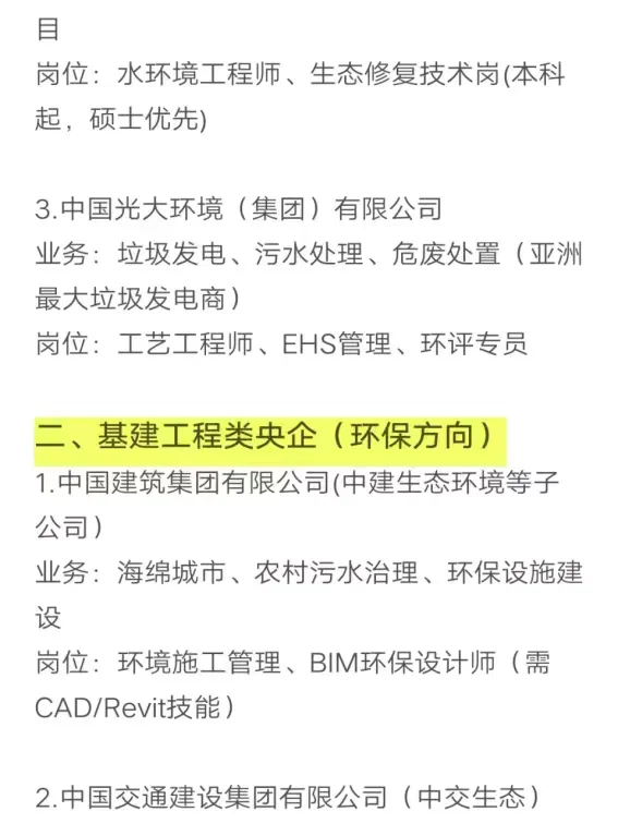 环境工程类专业秋招可以投的央国企