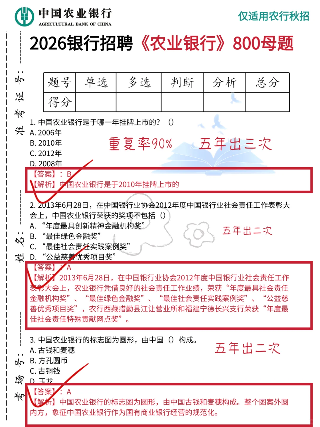瞬间不急农行，就考这800题，7天背完保底80