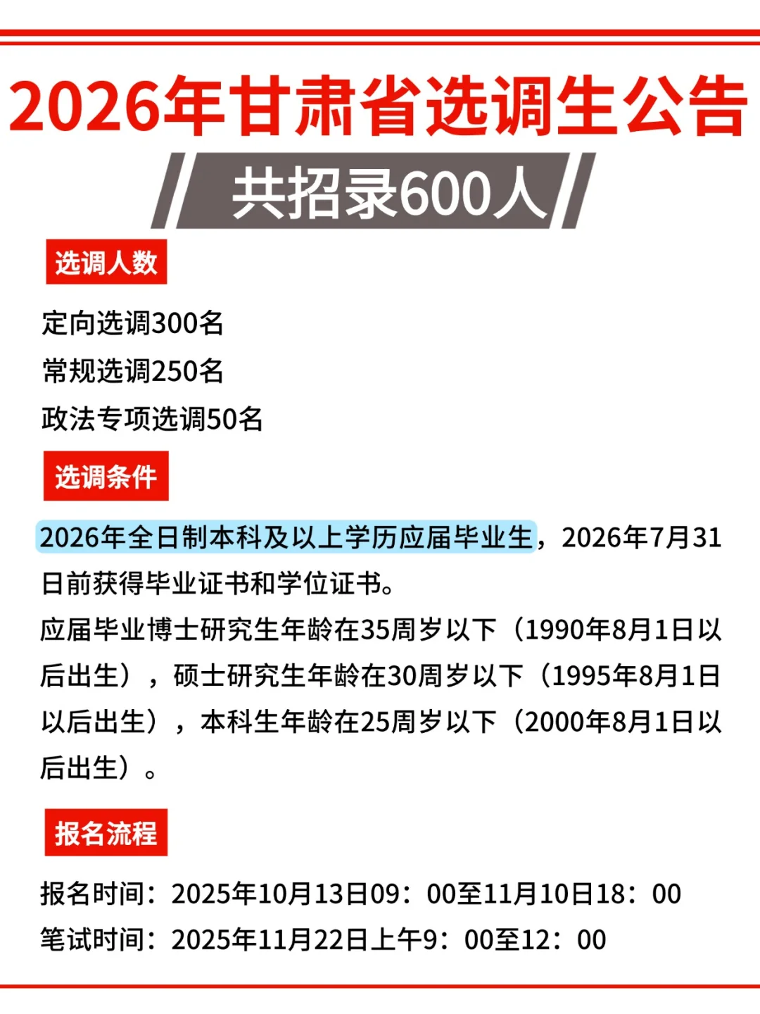 2026年甘肃省选调生公告发布，招录600人