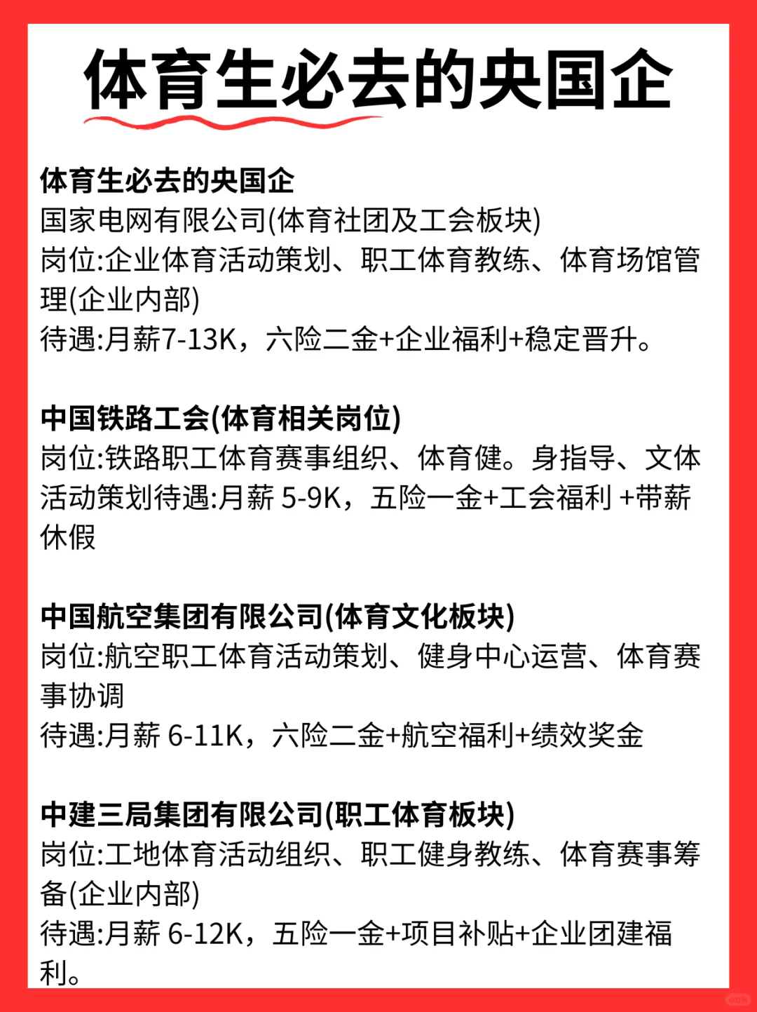 体育生秋招冲这些国央企！稳赚不亏～