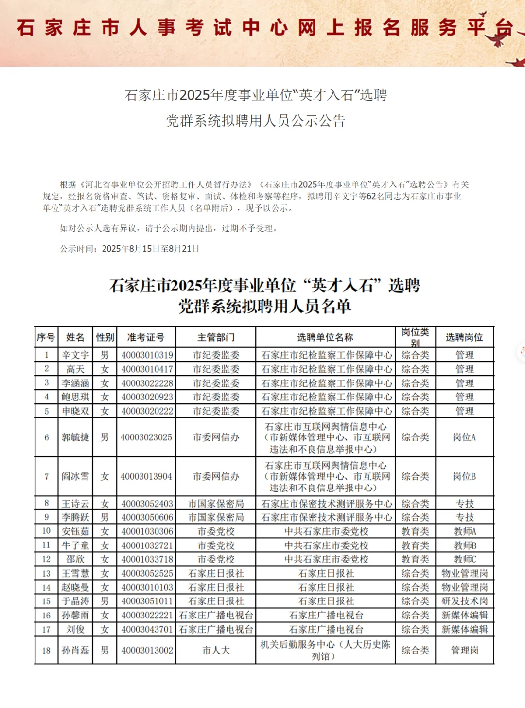 都是学霸！2025石家庄“英才入石”录用公示